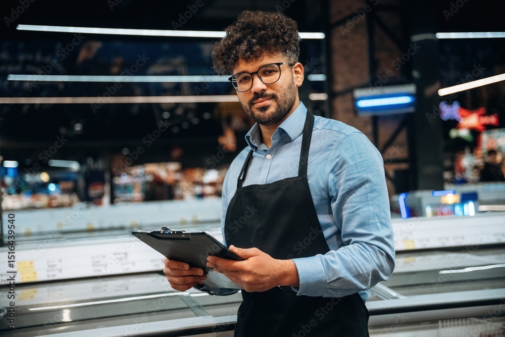 Manager is with notepad. Male worker is in the grocery store Manager is with notepad. Male worker is in the grocery store