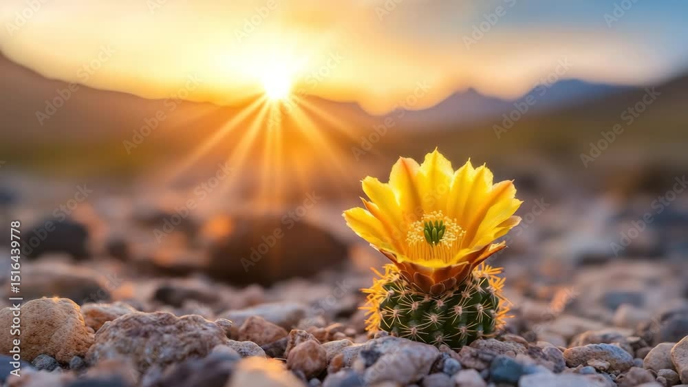 Small cactus with bright yellow flower blooms among rocky desert terrain at sunrise, creating warm and peaceful nature scene with soft sunlight and vibrant plant bloom.