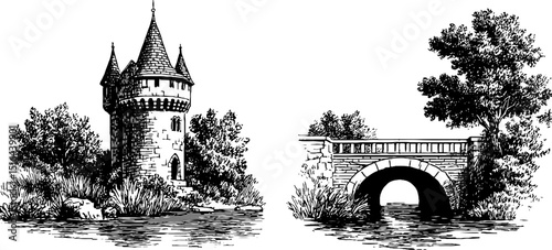 Engraved architectural set featuring castle turret and stone bridge