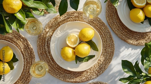 Fresh Lemons on Plates with Straw Placemats Summer Table Setting