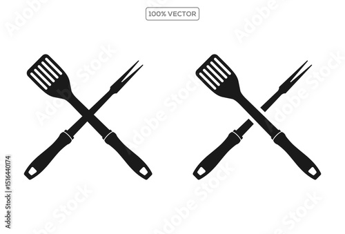 Grill. Tools for grilling. Grill fork, kitchen spatula, bbq tools. Design element for logo, label, sign, poster, flyer. Vector illustration template