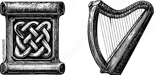 Engraved illustration set featuring celtic knot and harp design elements