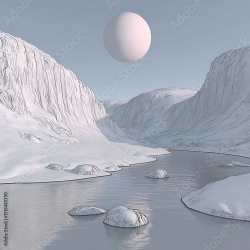 A serene winter landscape with a large sphere above water