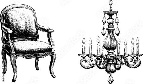 Vintage engraved illustration of ornate chandelier and elegant chair for classic decor design