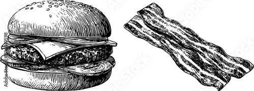Engraved cheeseburger and bacon set - vintage illustration for culinary designs