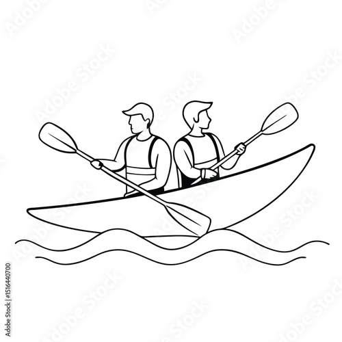 Kayak Illustration Two People Paddling Boat on Water Outlined with Black and White