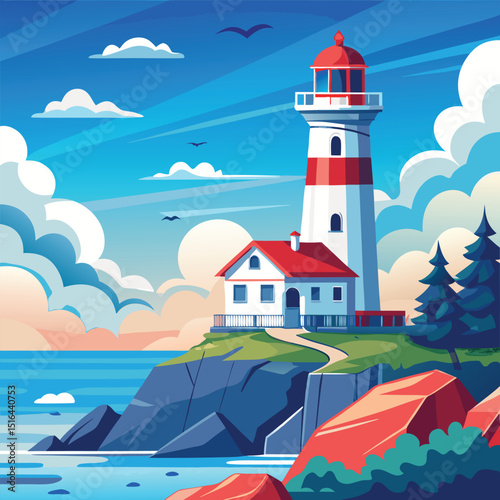 Lighthouse Scene with Coastal Cottage, Rocky Cliffs, Birds, and Cloudy Blue Sky Illustration