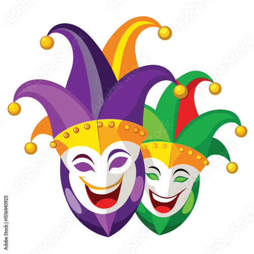 Pair of Smiling Mardi Gras Jester Masks with Purple and Green Hats Illustration