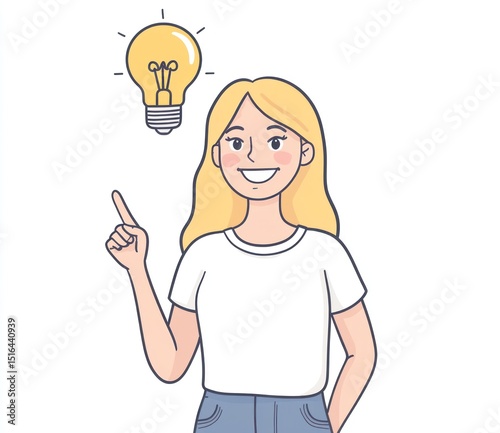 A smiling blonde woman points up at a glowing lightbulb, illustrating an idea