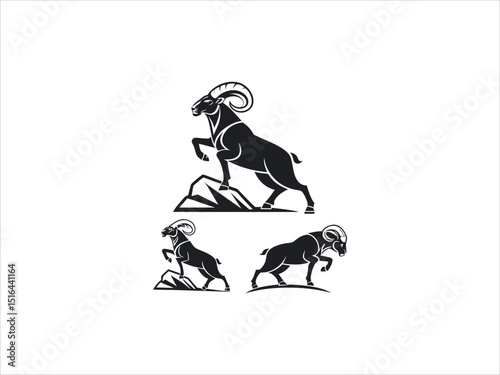 This vector graphic features three stylized ram heads in profile view.