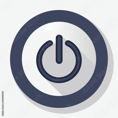 Round Power Button Icon with Shadow Effect in Dark Blue and White Design