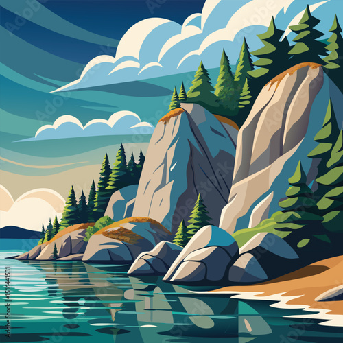 Scenic Lake Landscape with Rocky Cliffs, Evergreen Trees, and Reflective Water Illustration