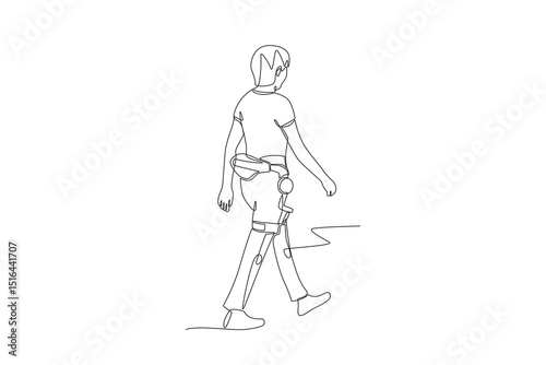 Woman uses robot to help Parkinson's disease sufferer walk. Assistive technology concept one-line drawing