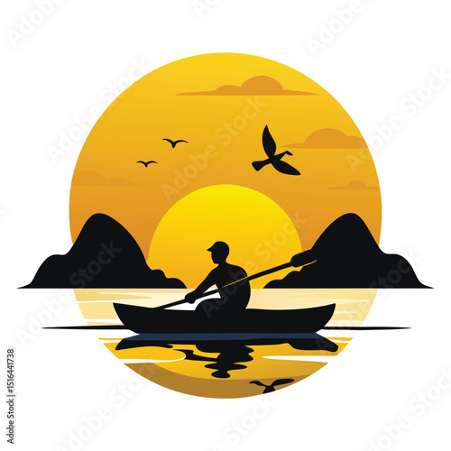 Silhouette of a Person Kayaking on Calm Water at Sunset, With Birds Flying