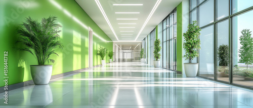 Modern office corridor with green walls, large windows and potted plants. Useful for presentations of modern office spaces and architectural projects.