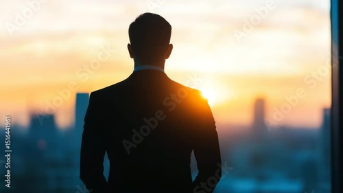 Silhouette of man in suit looking out over cityscape and skyline during vibrant sunset, evoking contemplation, ambition, and professional business reflection.