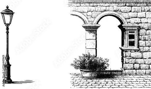 Vintage architectural engravings of cobblestone street with lamp post and arch details