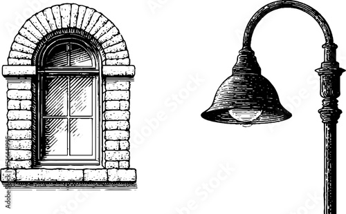 Vintage cobblestone street illustration with arched window and street lamp design
