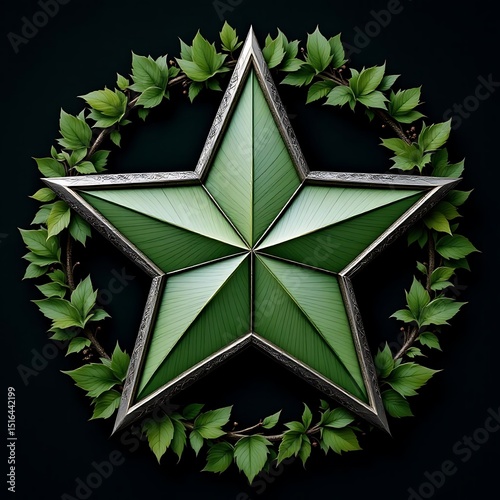 A symbolic star design featuring gray to green gradient tones, encircled by intricate leaf patterns around the edges. A minimal and elegant composition with a natural and harmonious feel