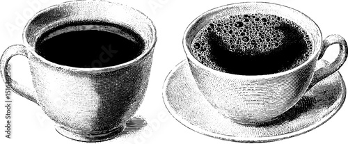 Classic engraved coffee cup illustration set for print design