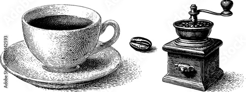 Vintage coffee cup and grinder engraving for cafe decor or menu design