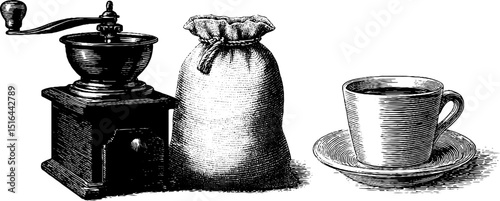Vintage coffee essentials: engraved coffee grinder, sack, and cup illustration for print and design