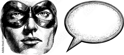 Comic hero mask with engraved face and speech bubble for creative design