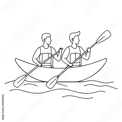 Two Men Kayaking Together Wearing Life Vests and Paddling in Water Line Art