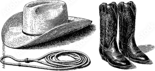 Engraved western theme with cowboy hat, lasso, and boots for rustic design projects