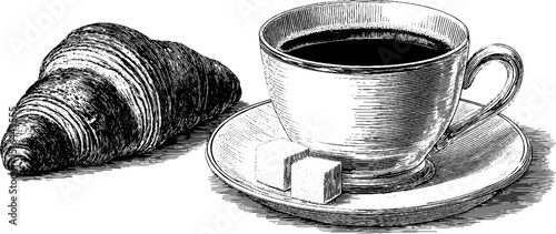 Engraved vintage illustration of croissant and coffee set for cafe decor and menu design