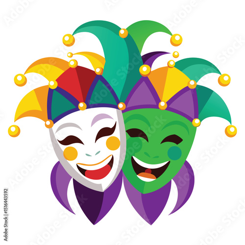 Vector Illustration of Two Colorful Mardi Gras Masks with Jester Hats and Happy Expressions