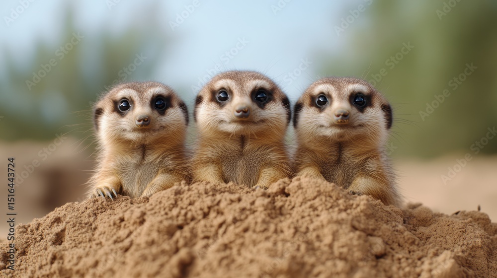 Fototapeta premium Three Adorable Meerkats Sitting Together on a Sandy Hill in a Natural Habitat