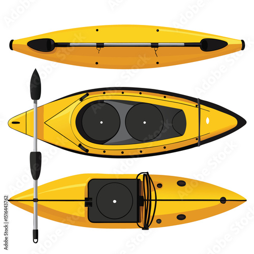 Yellow Kayak Top Views with Paddle, Isolated Recreation Boats for Water Sports