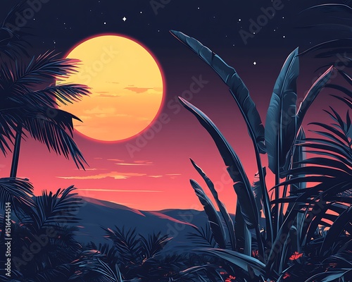 A stylized illustration of a tropical landscape with sunset colors