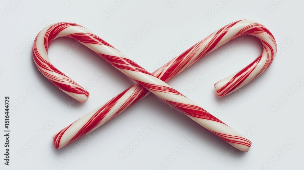 Fototapeta premium Two red and white candy canes crossed isolated on white background.