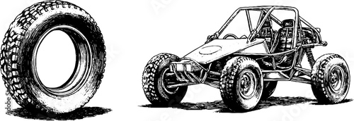 Engraved dune buggy and tire illustration set for adventure design and prints