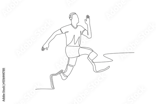 Man uses prosthetic leg for sports. Assistive technology concept one-line drawing
