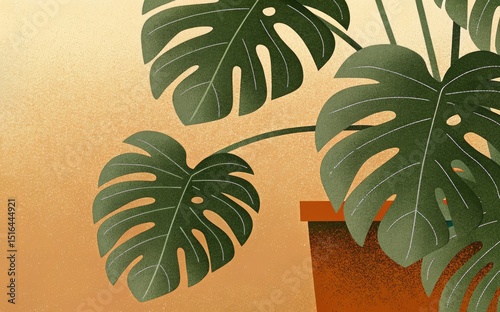 Summer background with monstera leaves. Grunge textured and overlay effect. Tropical leaves background. Flat stylized illustration for banner, wallpaper, backdrop, advertising, poster, cover