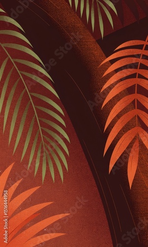 Summer background with palm leaves. Grunge textured and overlay effect. Tropical leaves background. Flat stylized illustration for banner, wallpaper, backdrop, advertising, poster, cover
