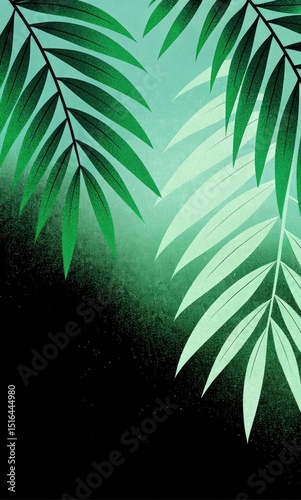 Summer background with palm leaves. Grunge textured and overlay effect. Tropical leaves background. Flat stylized illustration for banner, wallpaper, backdrop, advertising, poster, cover