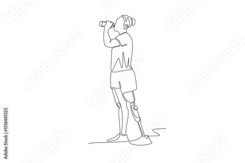 Woman using prosthetic leg. Assistive technology concept one-line drawing