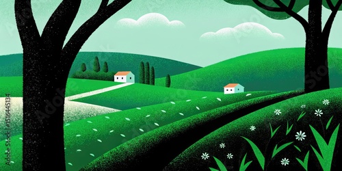 Stylized minimalist landscape. Rural scene with house, fields and trees.