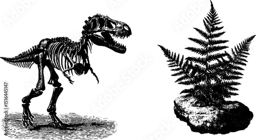 Dinosaur skeleton and fern engraving set - prehistoric paleontology design
