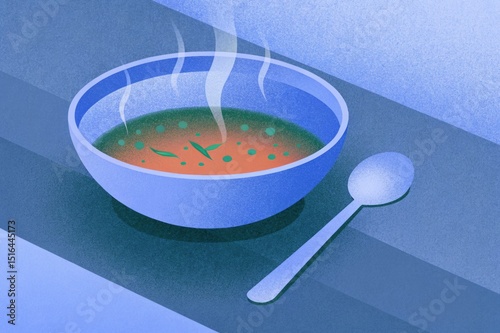 Plate of soup. Minimalist stylzed illustration. Noise Texture