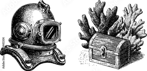 Vintage nautical engraving of diver helmet and coral with treasure chest for historical and maritime design