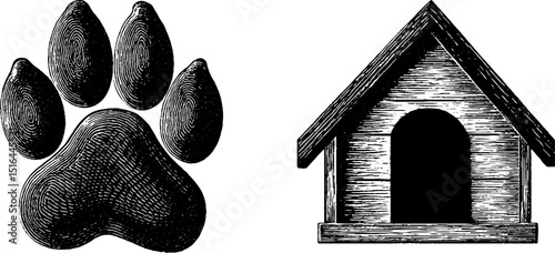 Engraved illustration of dog paw and bone toy for pet lover designs