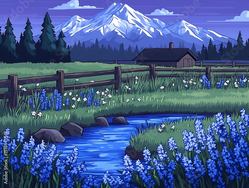 A scenic landscape features a mountain range and serene river setting