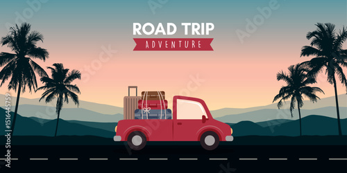 road trip adventure in the wilderness car on tropical landscape vector illustration
