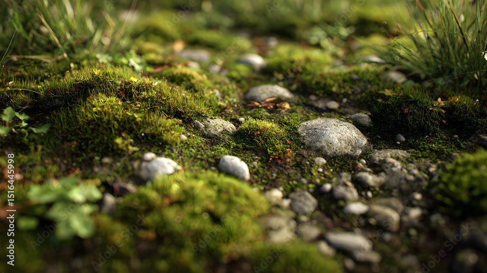 A serene view of moss and stones creating a miniature landscape of natural beauty and wonder A serene view of moss and stones creating a miniature landscape of natural beauty and wonder