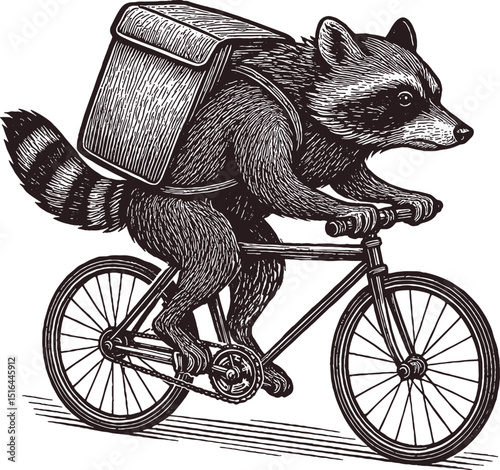 raccoon courier on a bicycle with a grocery bag, food delivery, engraving style, hand drawn, vector